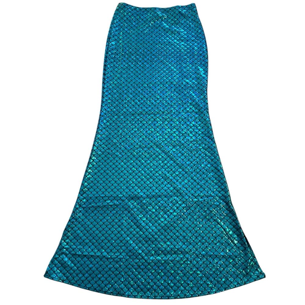 Mermaid Maxi Skirt Costume Dress Fish Scale Print Shiny Glossy Blue Women-Small